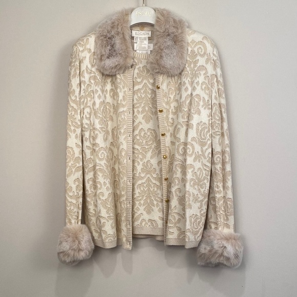 80s Escada Margaretha Ley Ivory & Gold Sweater Set, Removeable Faux Fur Trim - Picture 1 of 16